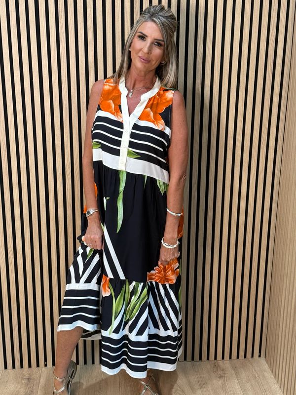 Tropical Stripe Print Sleeveless Midi Dress - Black/Orange