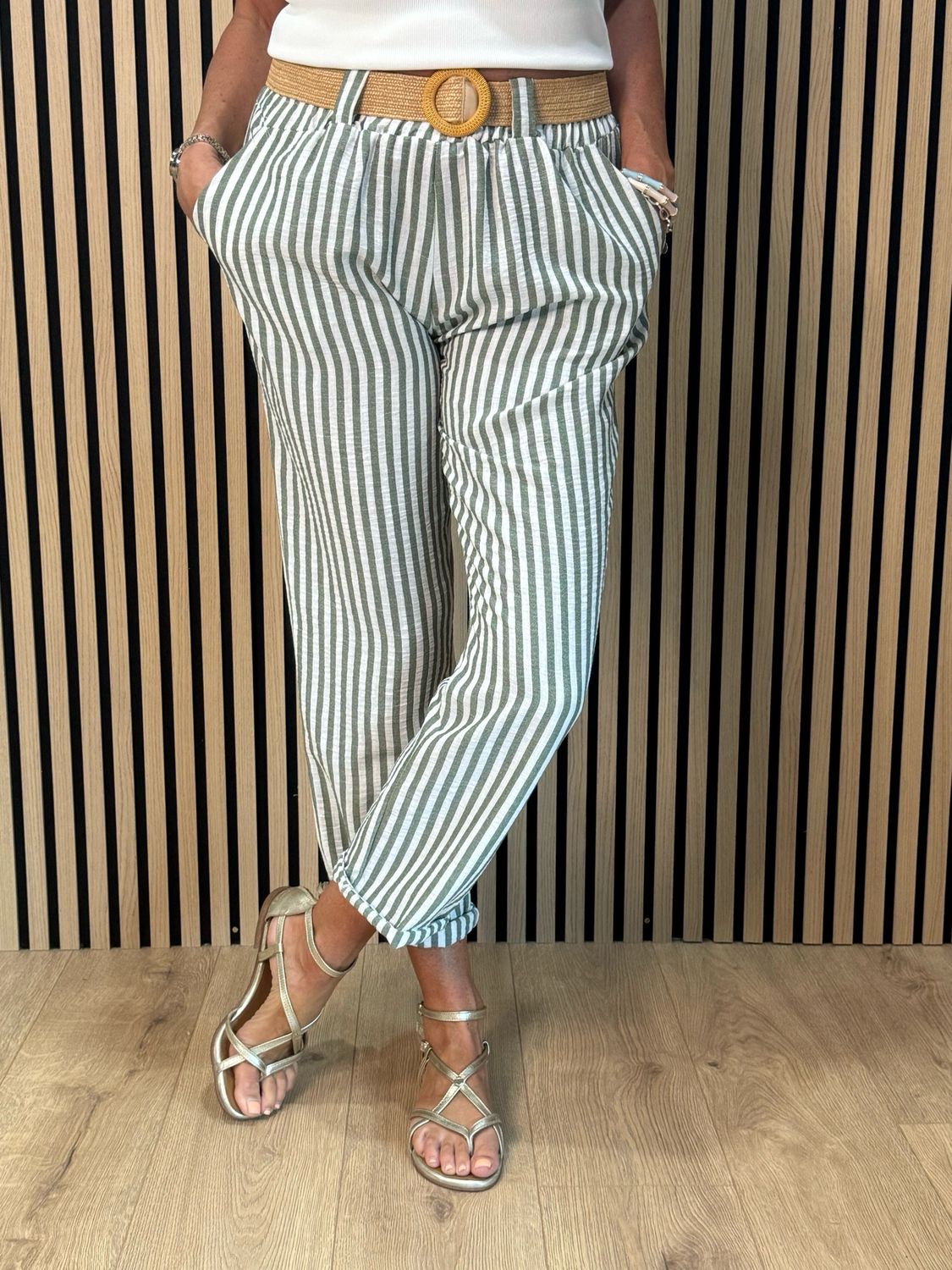 Santorini - Stripe Belted Trousers - Green/White