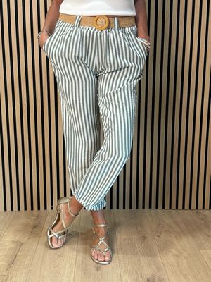 Santorini - Stripe Belted Trousers - Green/White