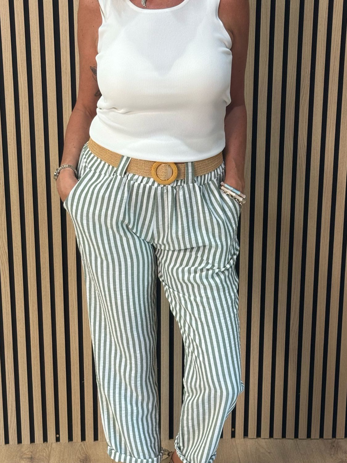 Santorini - Stripe Belted Trousers - Green/White