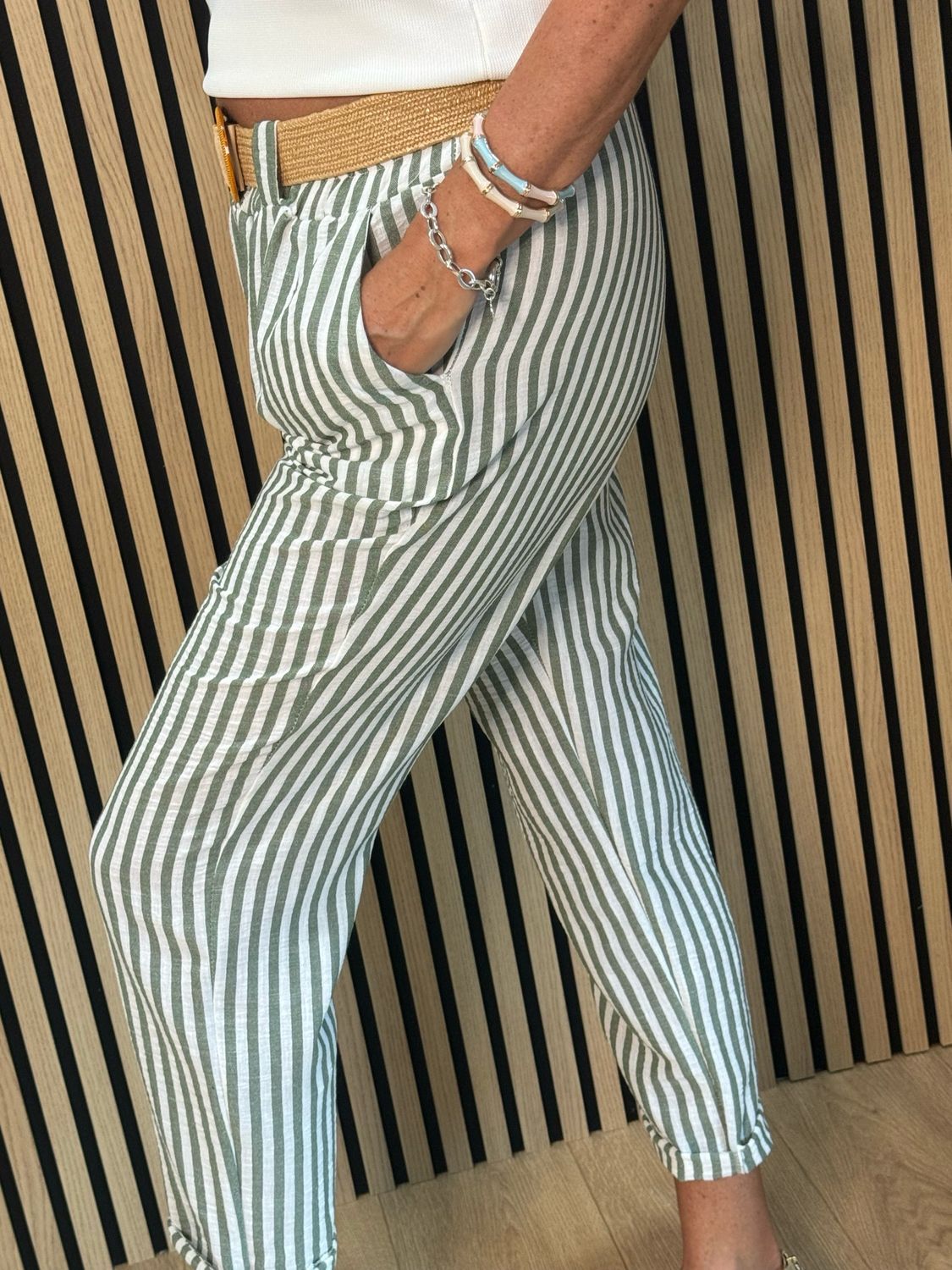 Santorini - Stripe Belted Trousers - Green/White