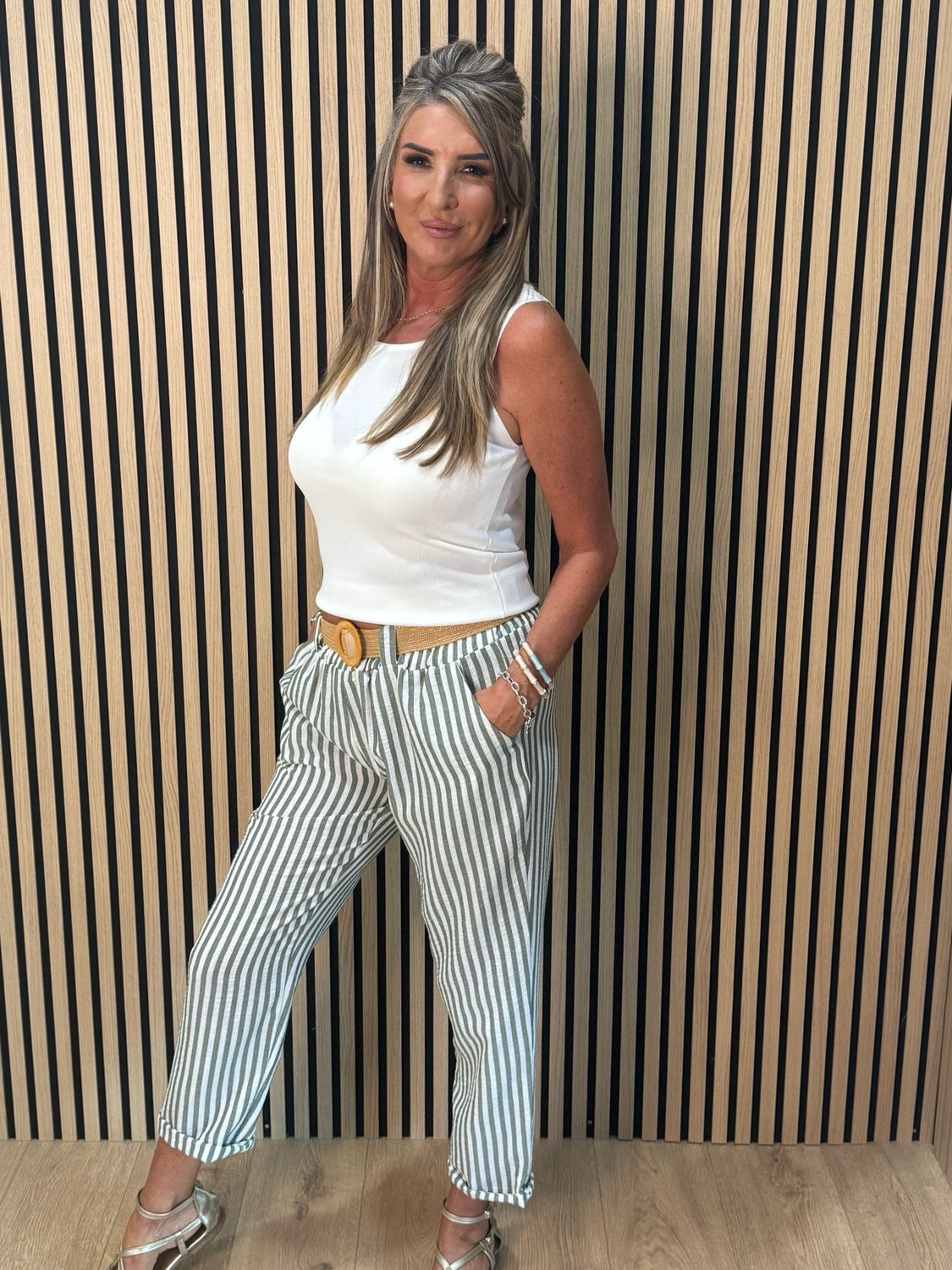 Santorini - Stripe Belted Trousers - Green/White
