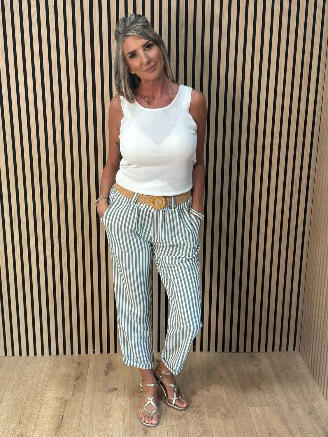 Santorini - Stripe Belted Trousers - Green/White