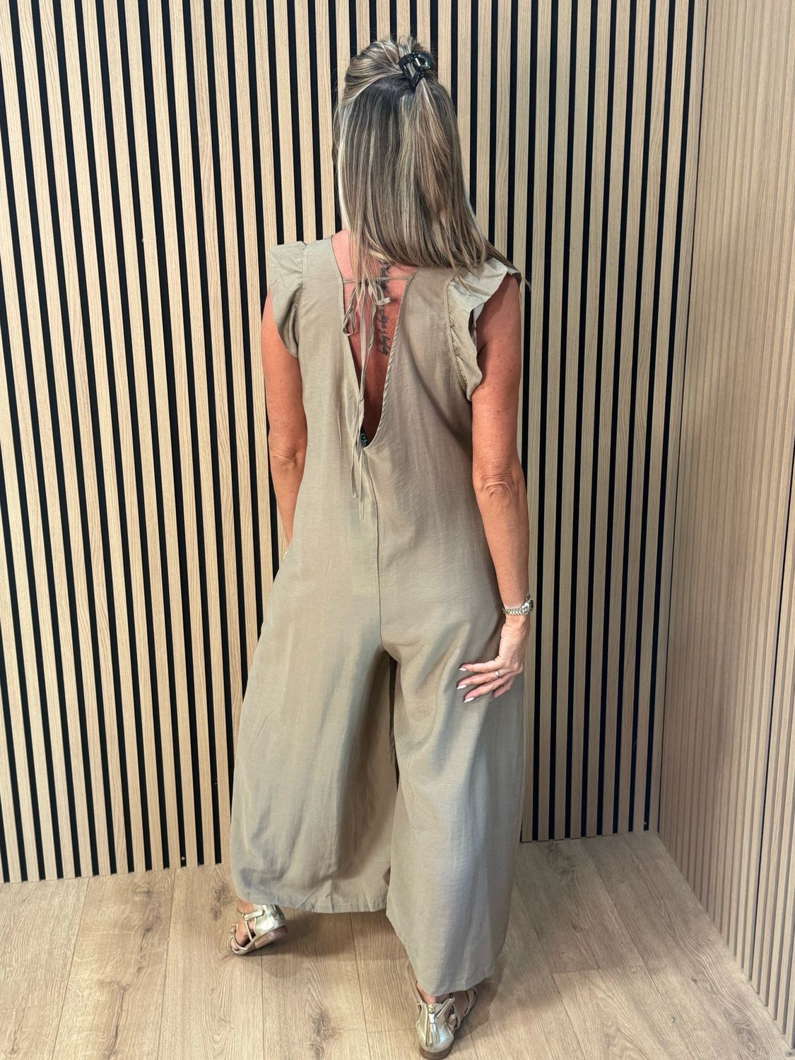 Bella - Frill Sleeve Wide Leg Jumpsuit - Taupe