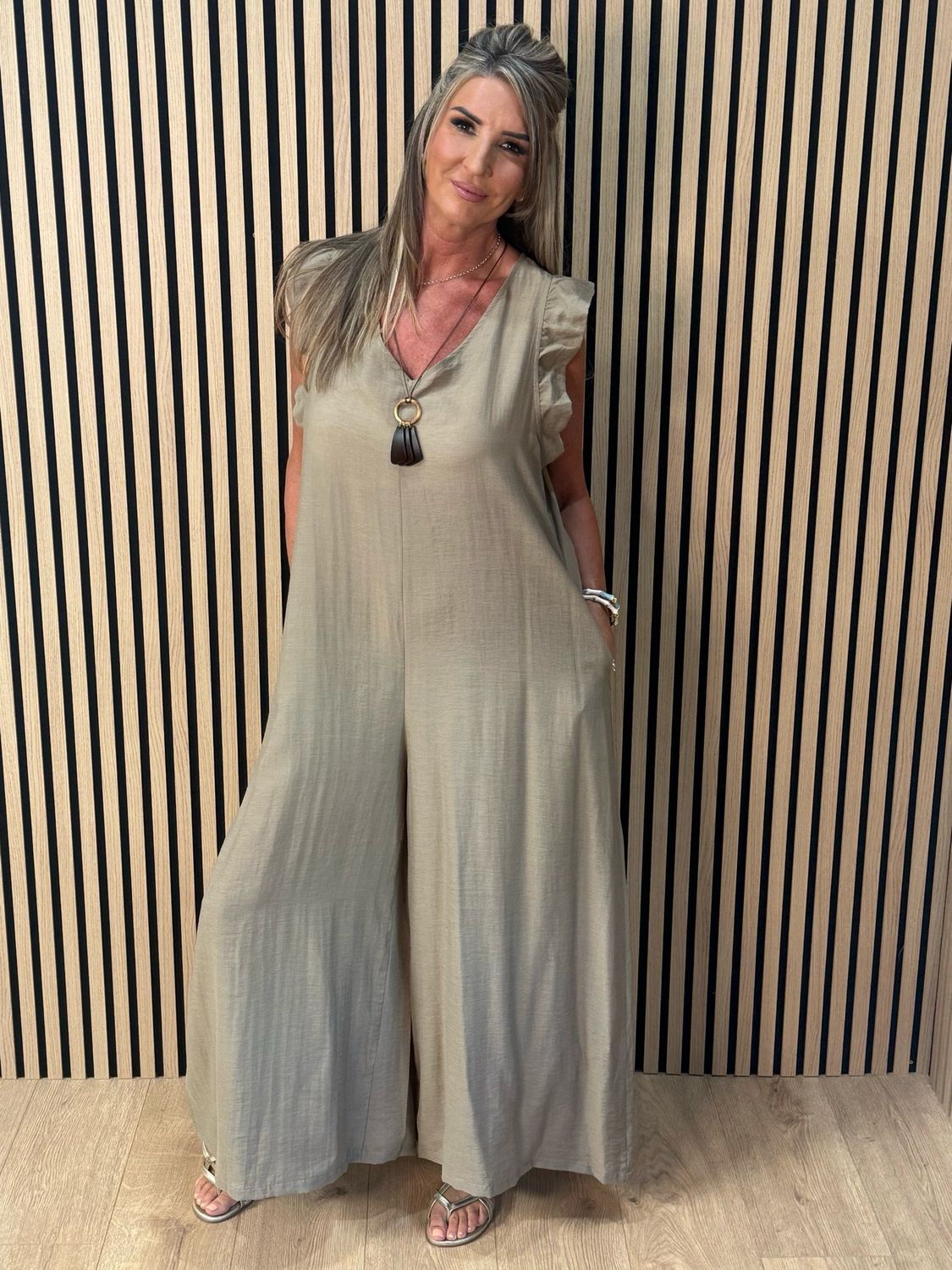 Bella - Frill Sleeve Wide Leg Jumpsuit - Taupe