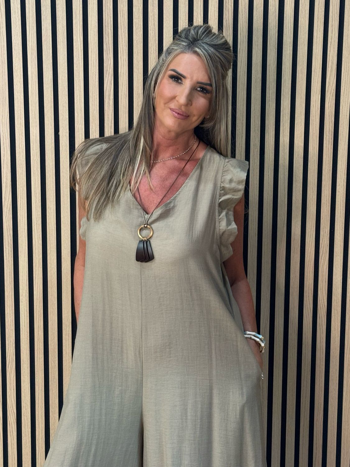 Bella - Frill Sleeve Wide Leg Jumpsuit - Taupe