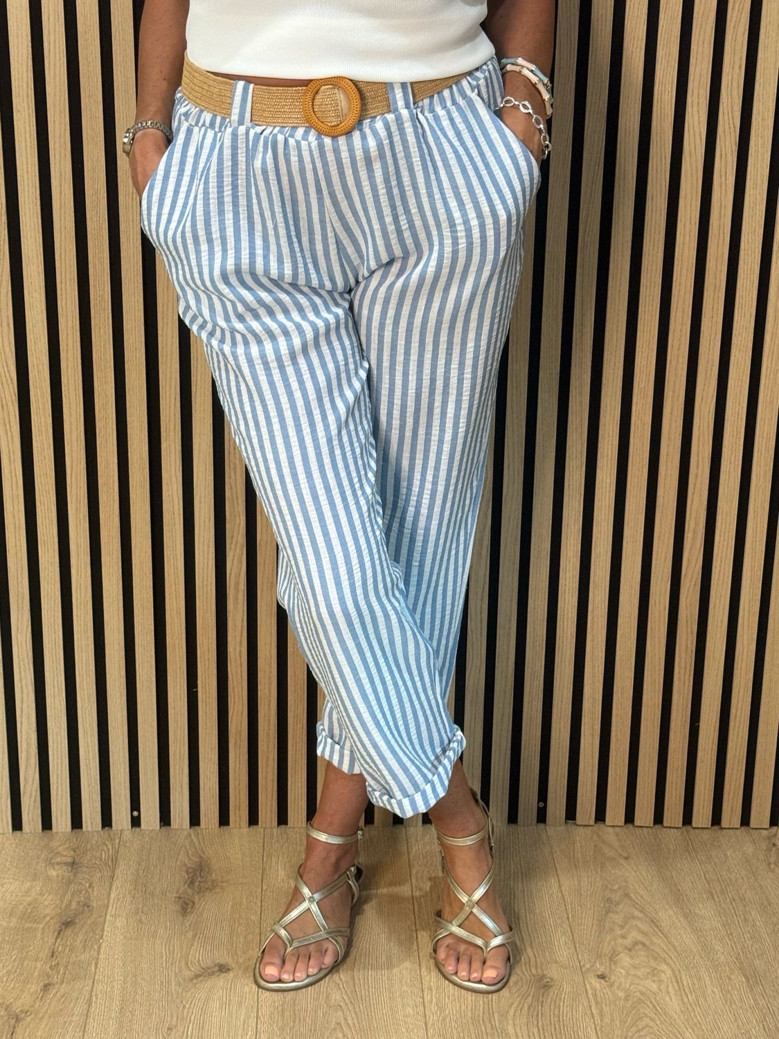 Santorini - Stripe Belted Trousers - White/Blue