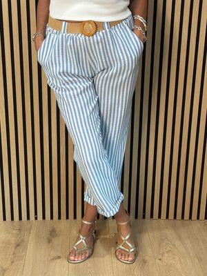 Santorini - Stripe Belted Trousers - White/Blue