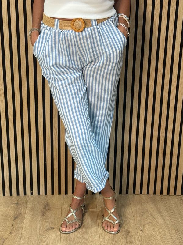 Santorini - Stripe Belted Trousers - White/Blue