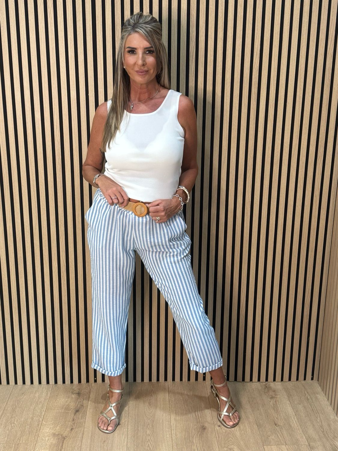 Santorini - Stripe Belted Trousers - White/Blue