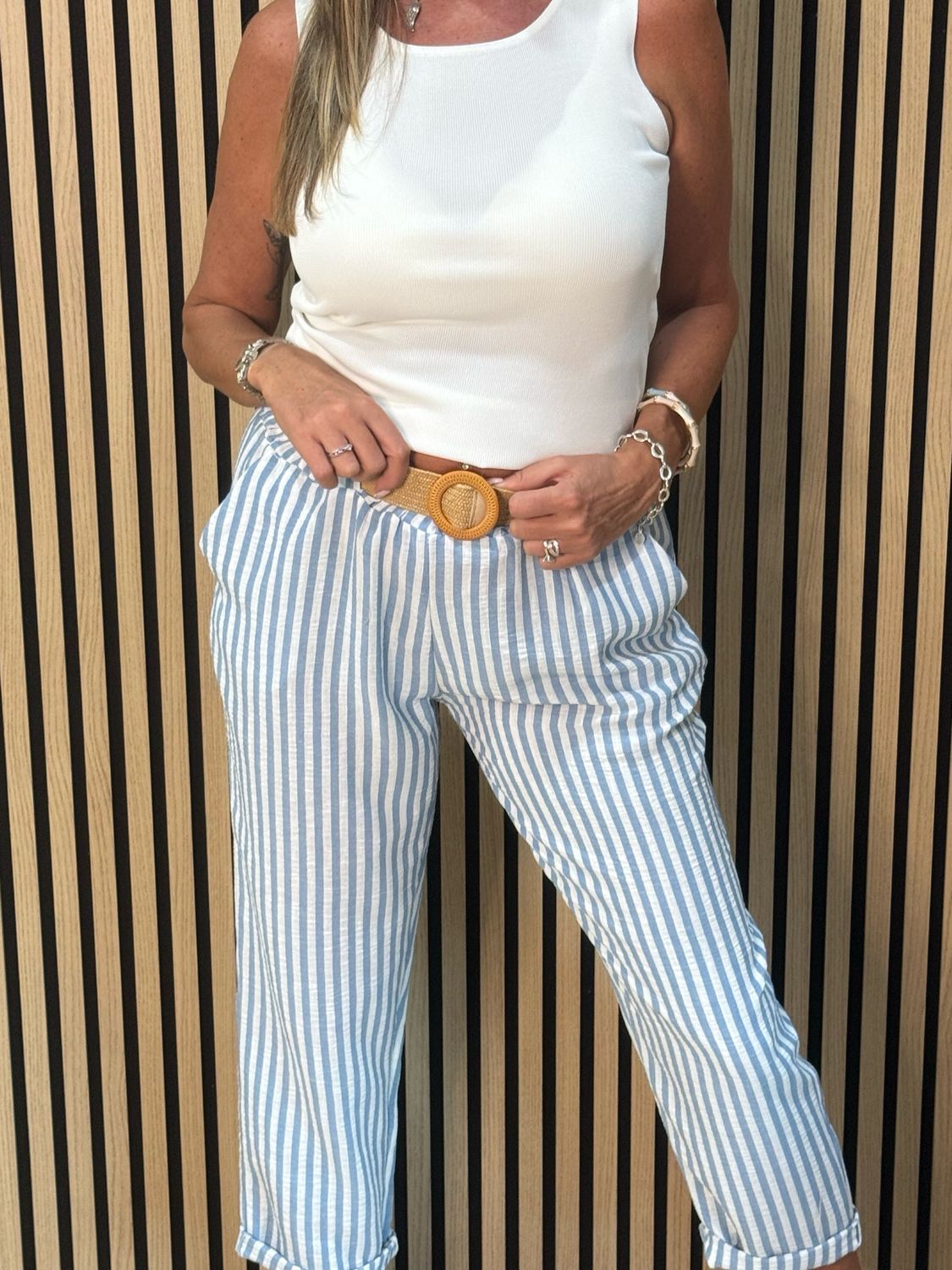 Santorini - Stripe Belted Trousers - White/Blue