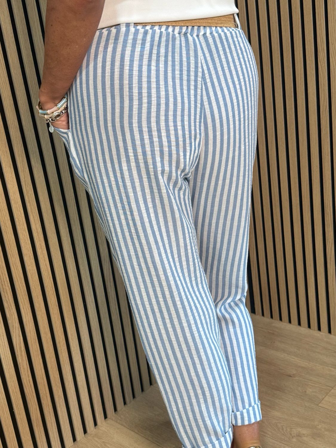 Santorini - Stripe Belted Trousers - White/Blue