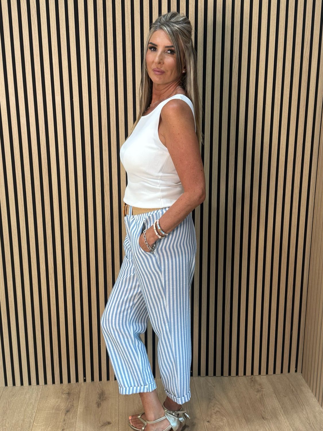 Santorini - Stripe Belted Trousers - White/Blue