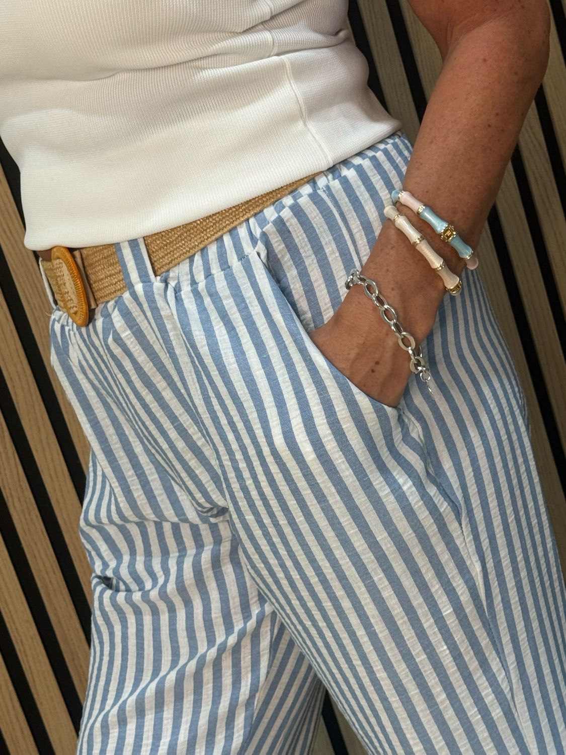 Santorini - Stripe Belted Trousers - White/Blue