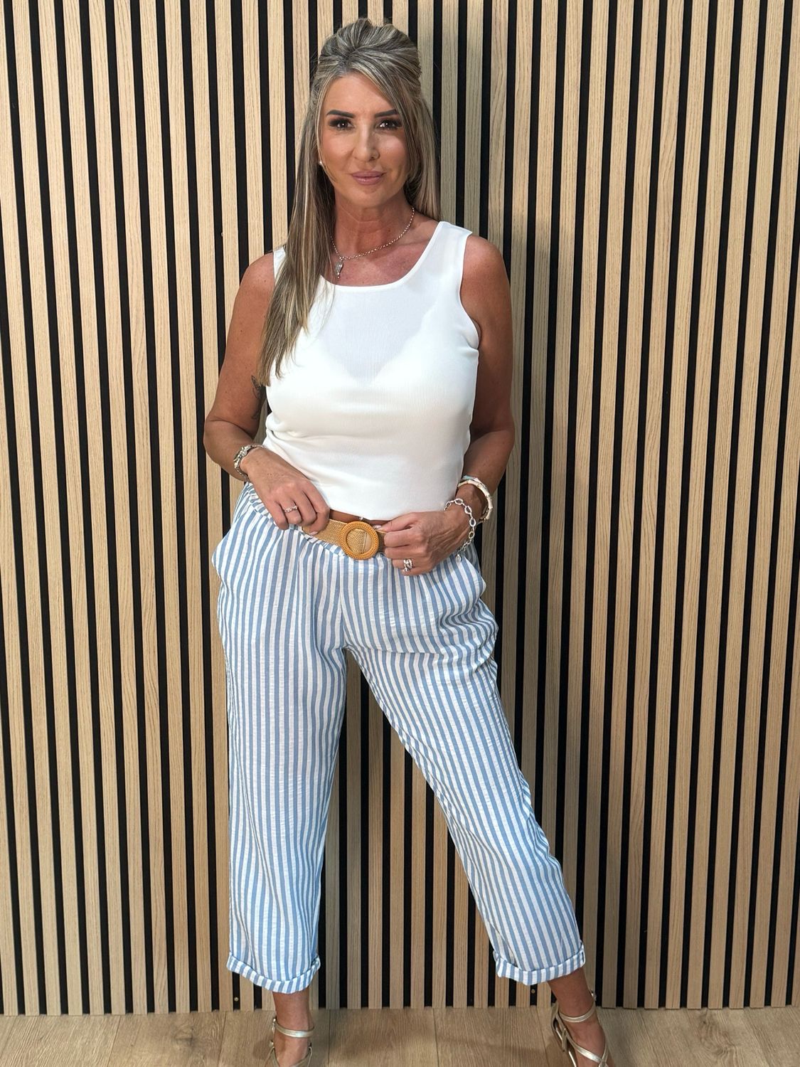 Santorini - Stripe Belted Trousers - White/Blue