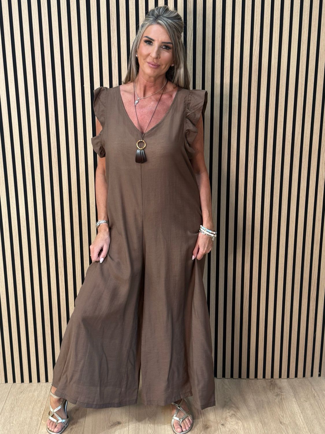 Bella - Frill Sleeve Wide Leg Jumpsuit - Brown