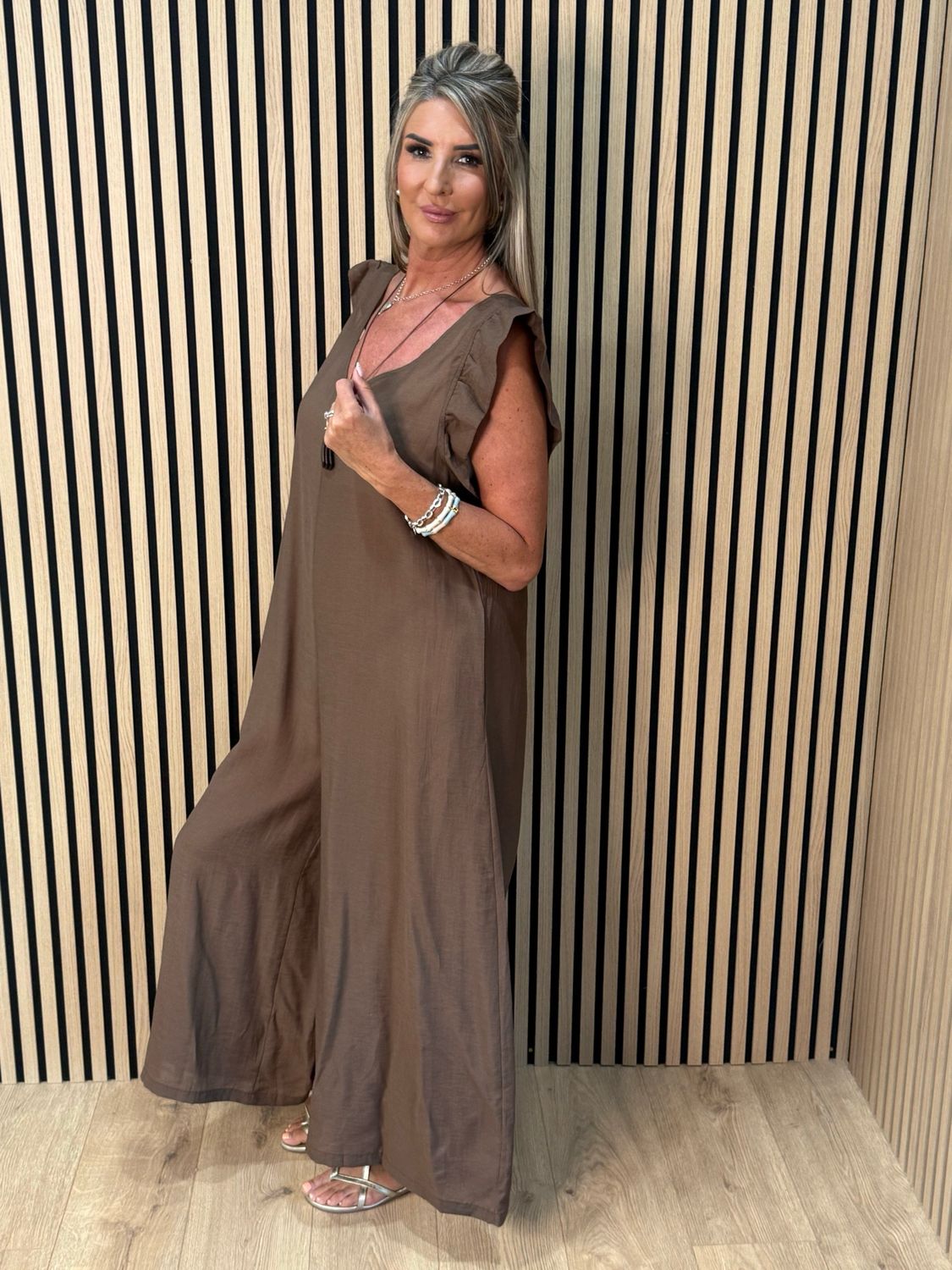Bella - Frill Sleeve Wide Leg Jumpsuit - Brown