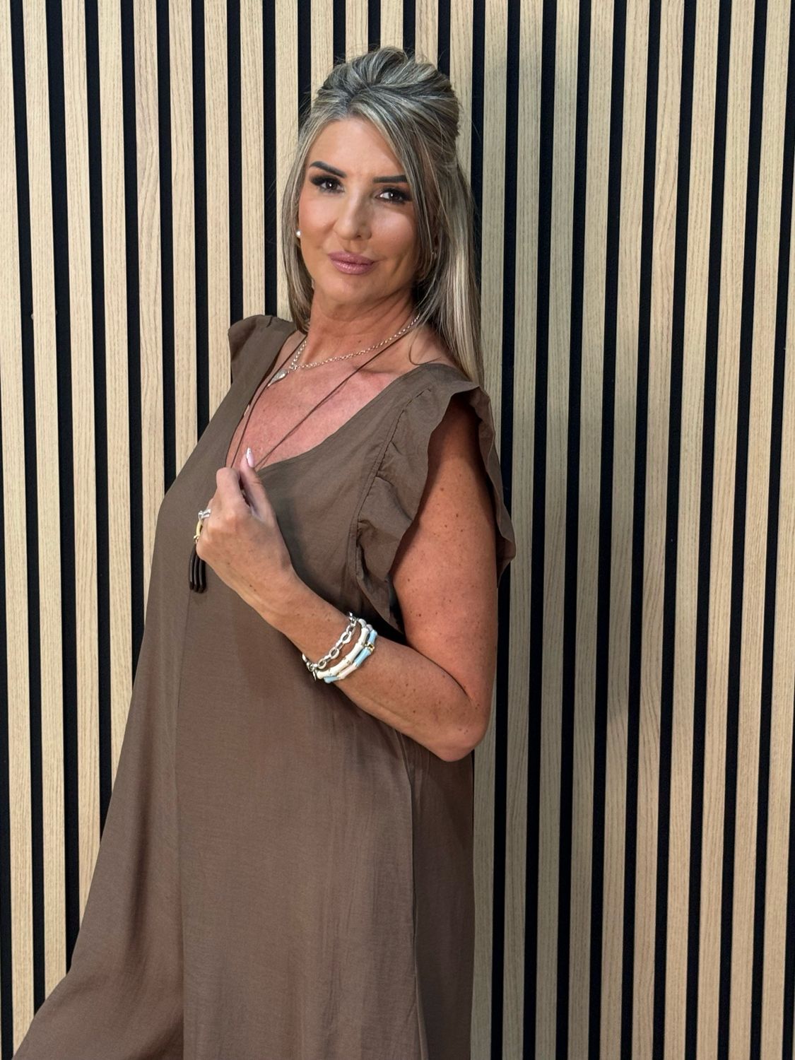 Bella - Frill Sleeve Wide Leg Jumpsuit - Brown