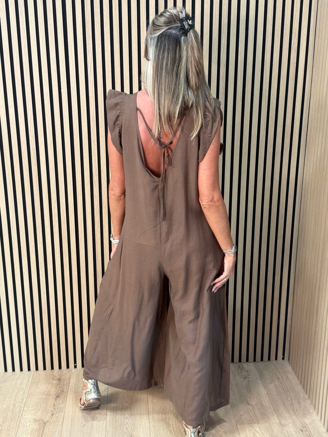 Bella - Frill Sleeve Wide Leg Jumpsuit - Brown