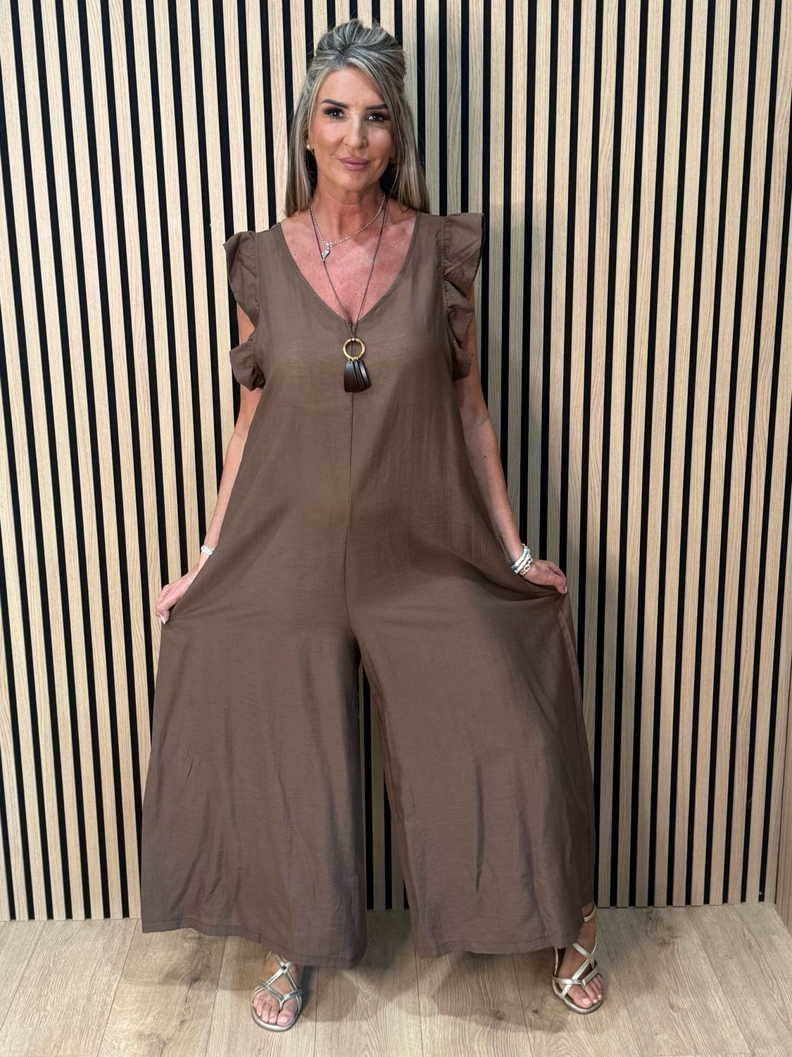 Bella - Frill Sleeve Wide Leg Jumpsuit - Brown