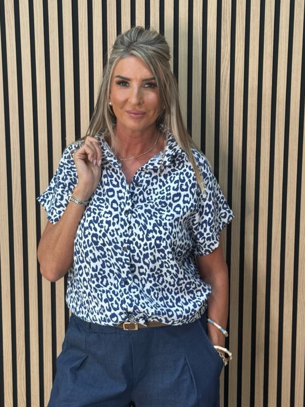 Luna - Leopard Print Button Shirt - Blue/White