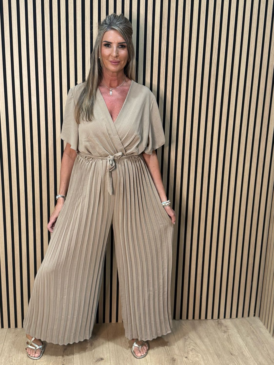 Pleated Wrap Jumpsuit - Taupe
