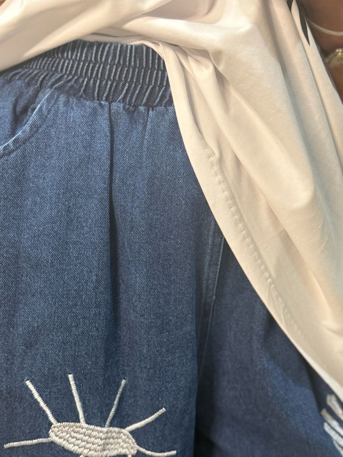Embroidered Wide Leg Denim Jeans - Blue