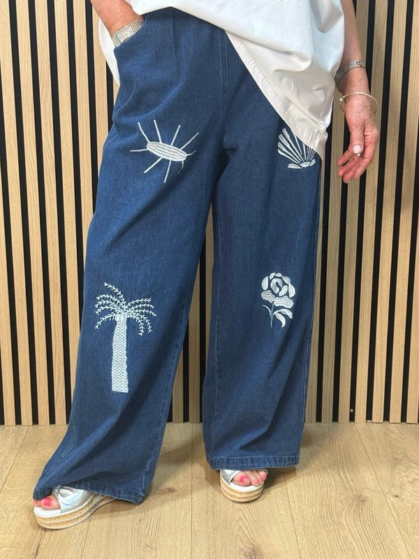 Embroidered Wide Leg Denim Jeans - Blue