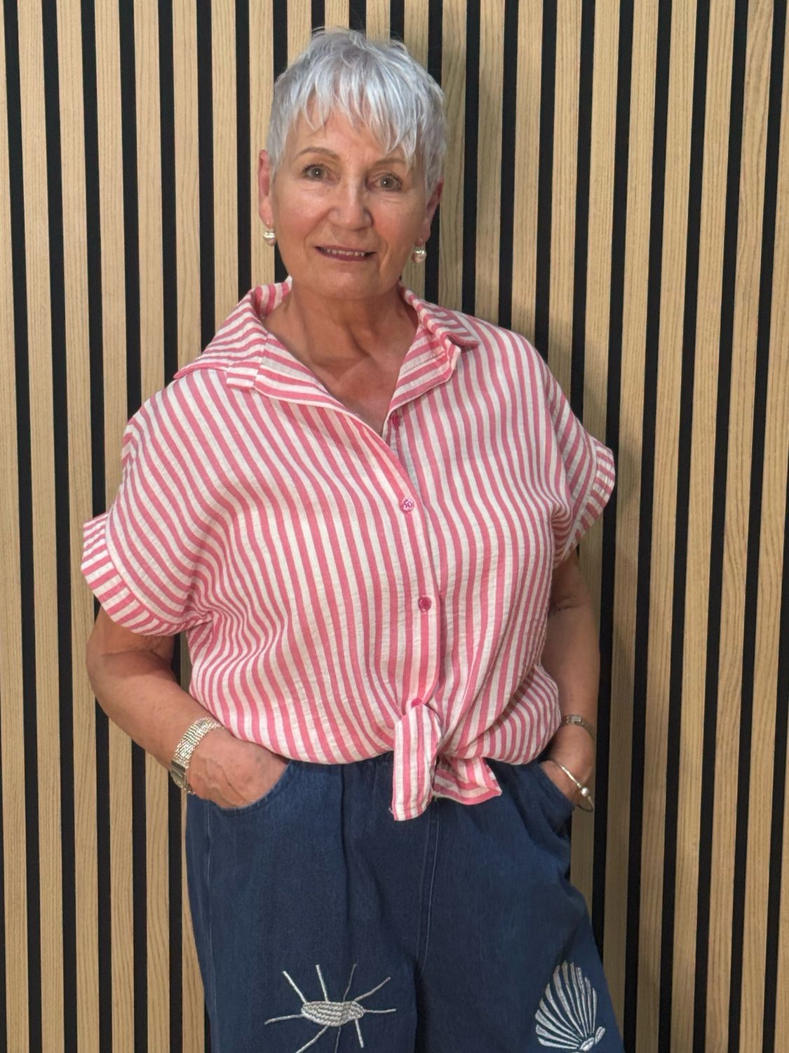 Striped Tie Front Shirt - Pink/White