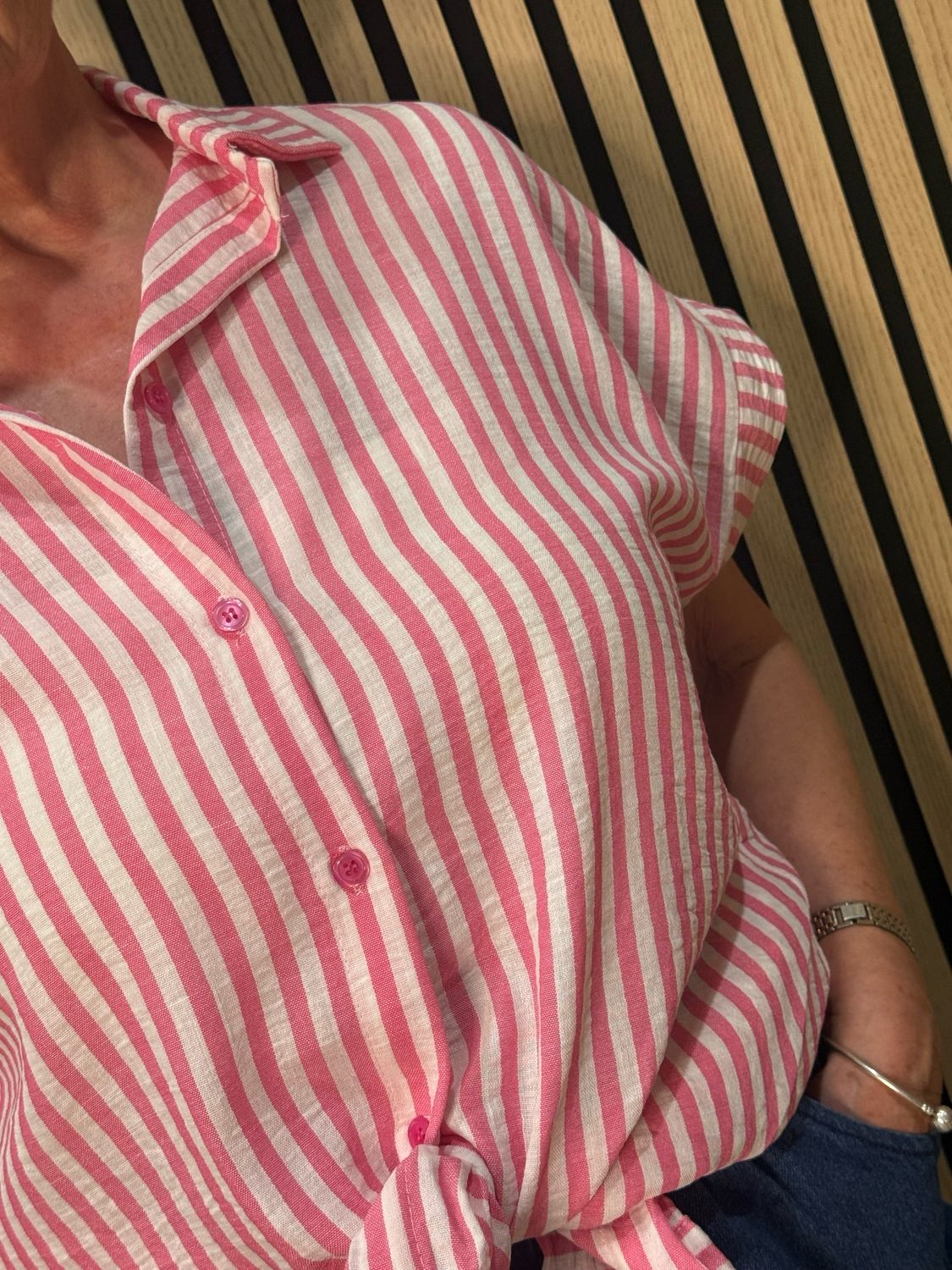 Striped Tie Front Shirt - Pink/White