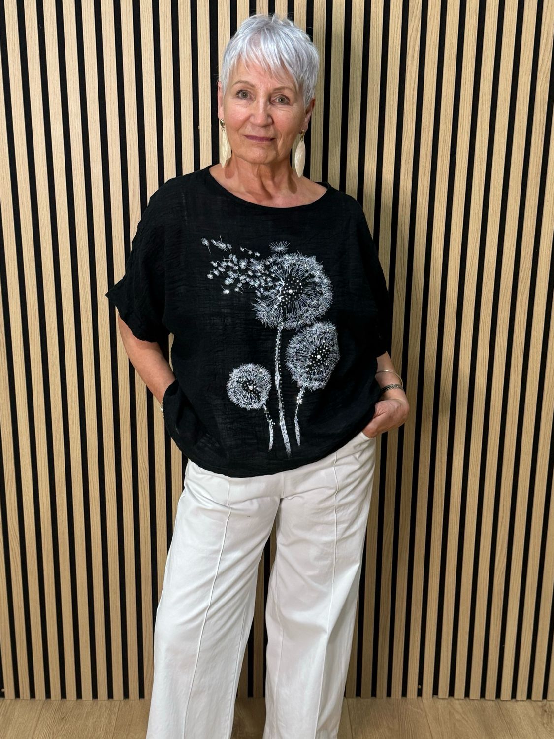 Dandelion Print Cotton Top - Black