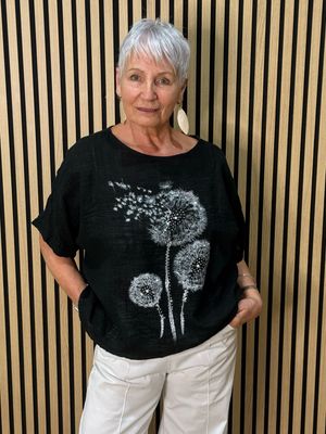 Dandelion Print Cotton Top - Black