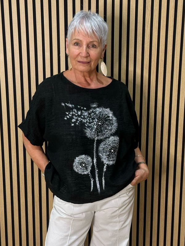 Dandelion Print Cotton Top - Black