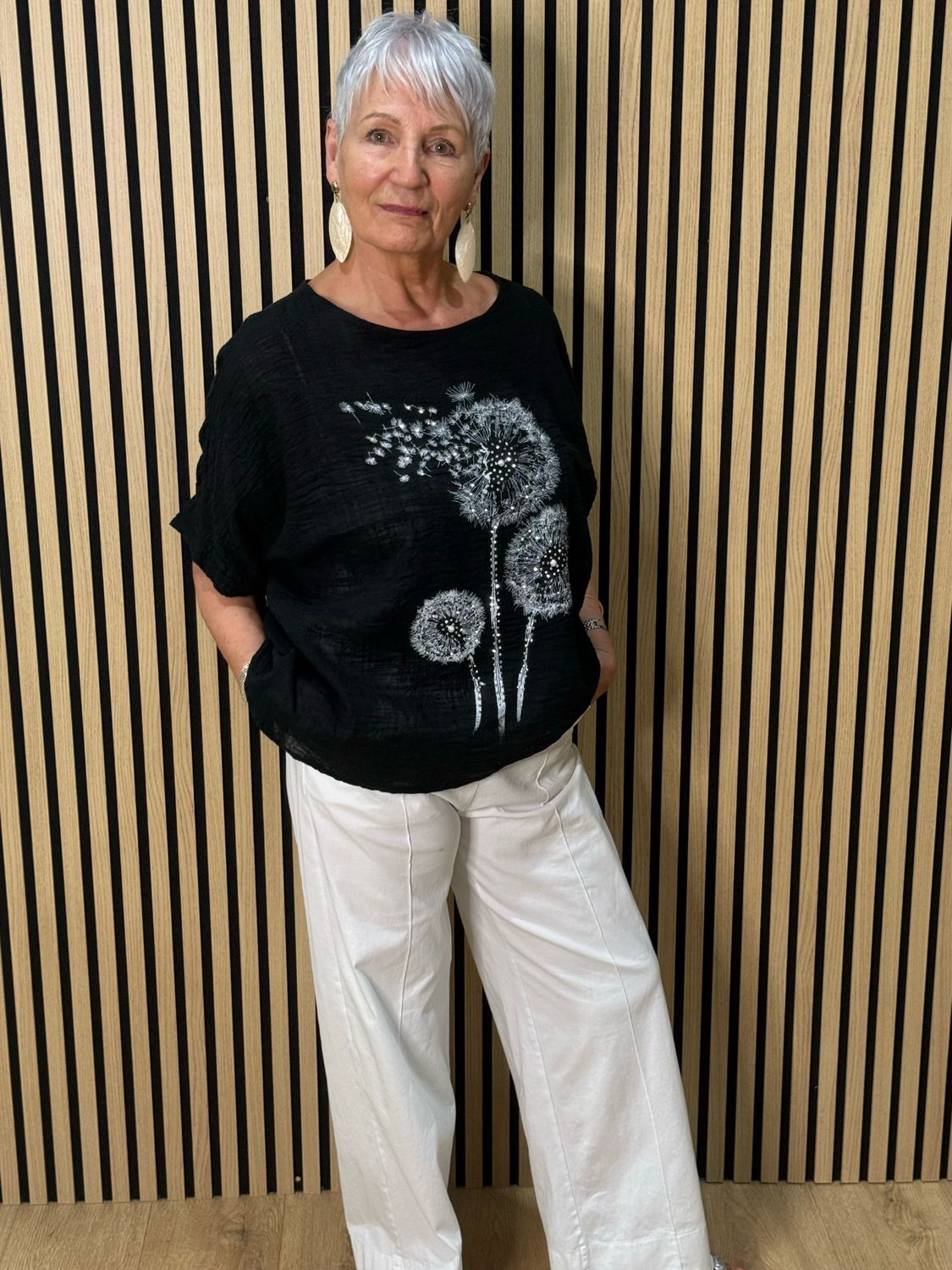 Dandelion Print Cotton Top - Black