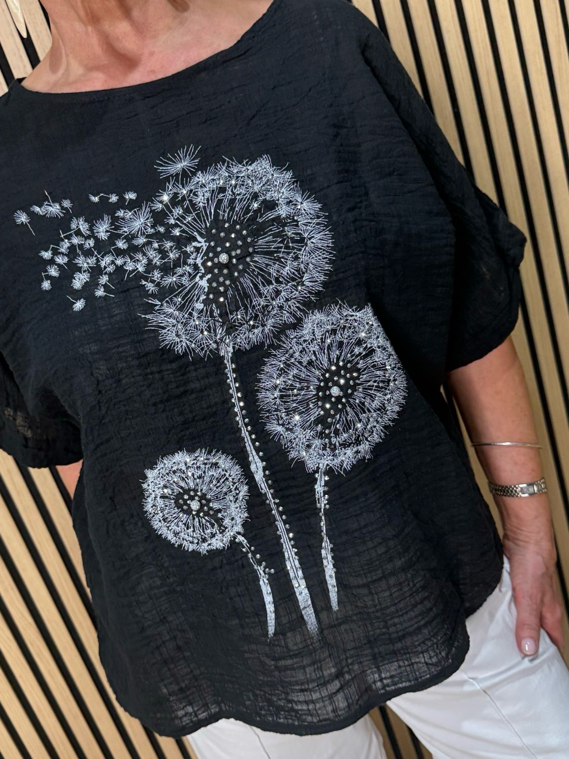 Dandelion Print Cotton Top - Black