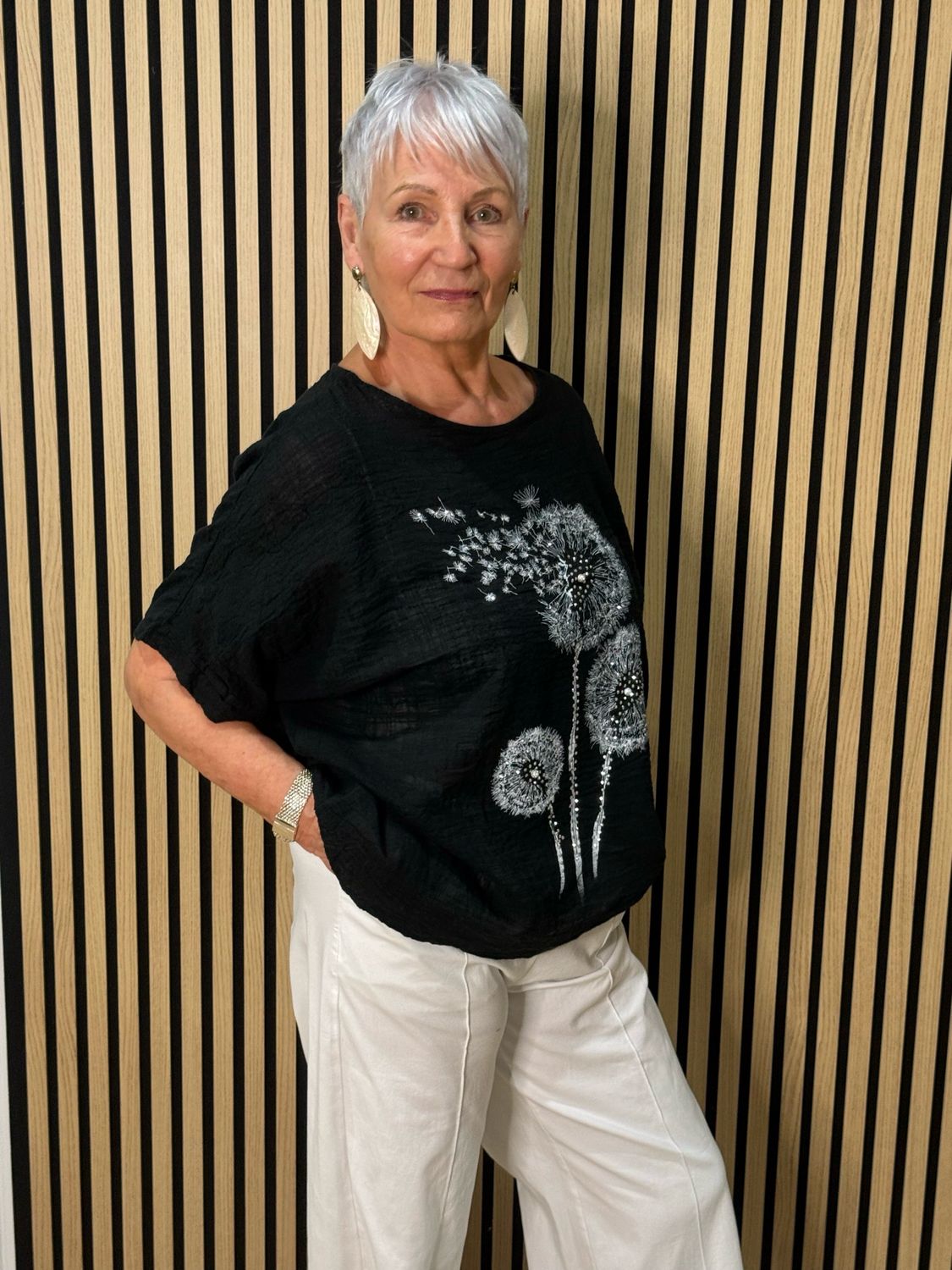 Dandelion Print Cotton Top - Black