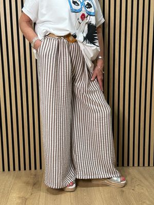 Striped Wide Leg Trousers - Taupe/White