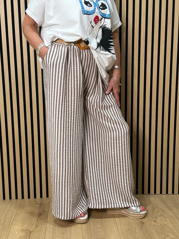 Striped Wide Leg Trousers - Taupe/White