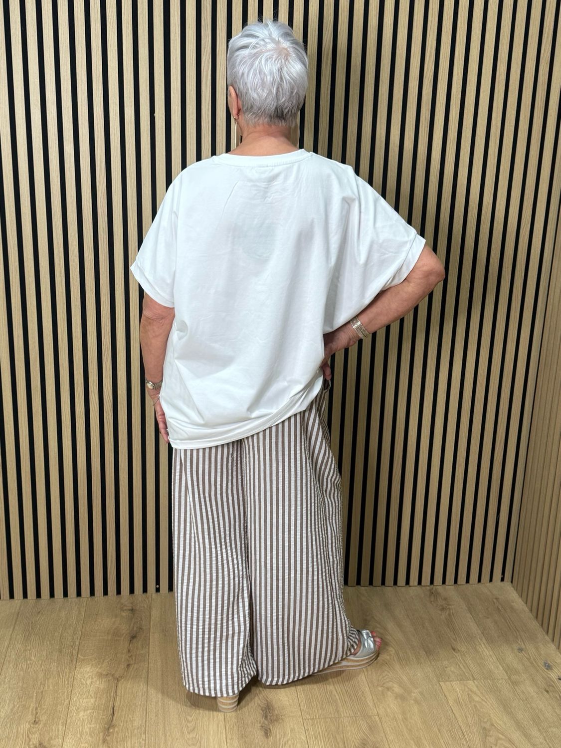 Striped Wide Leg Trousers - Taupe/White