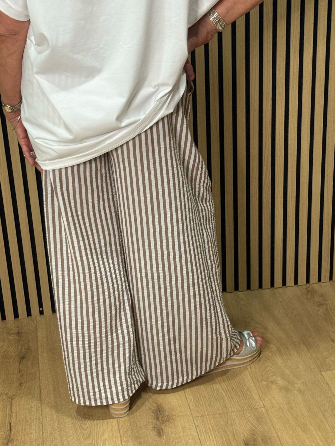 Striped Wide Leg Trousers - Taupe/White