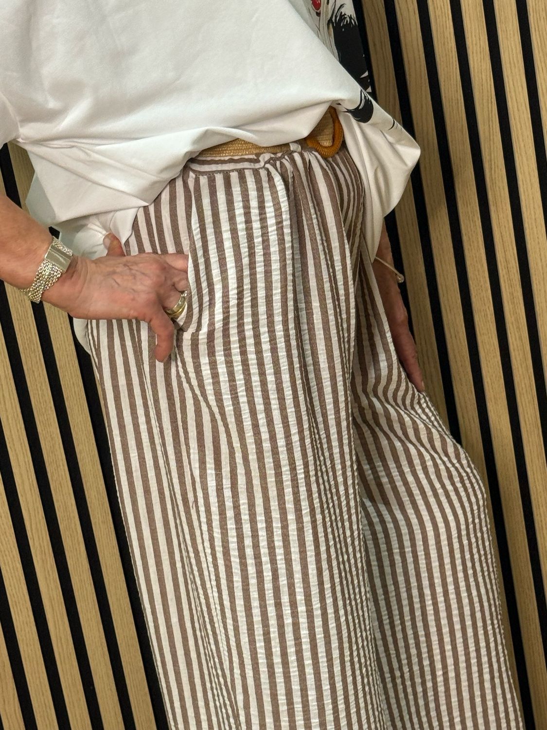 Striped Wide Leg Trousers - Taupe/White