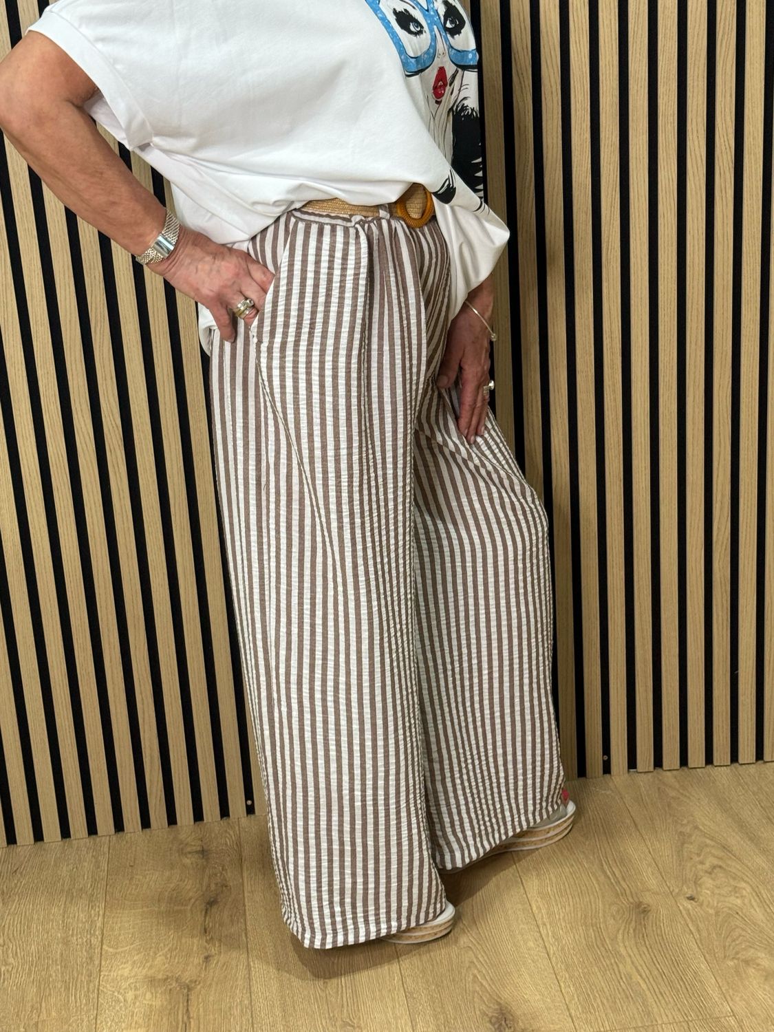 Striped Wide Leg Trousers - Taupe/White