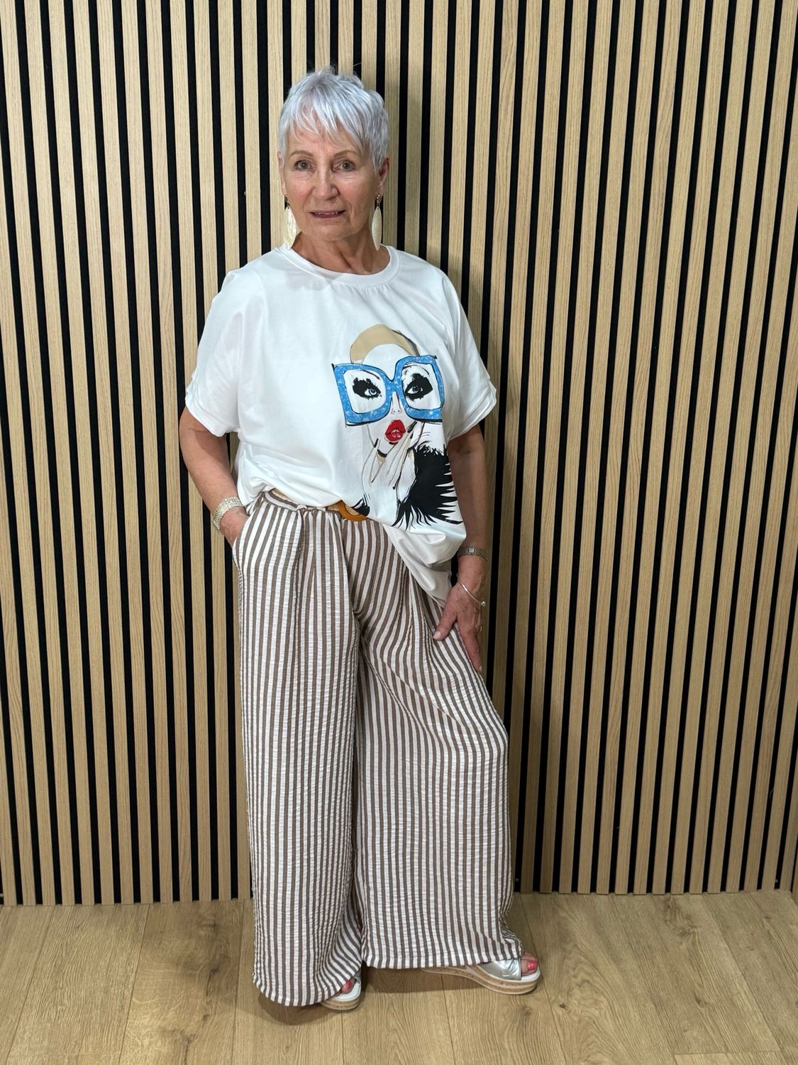 Striped Wide Leg Trousers - Taupe/White