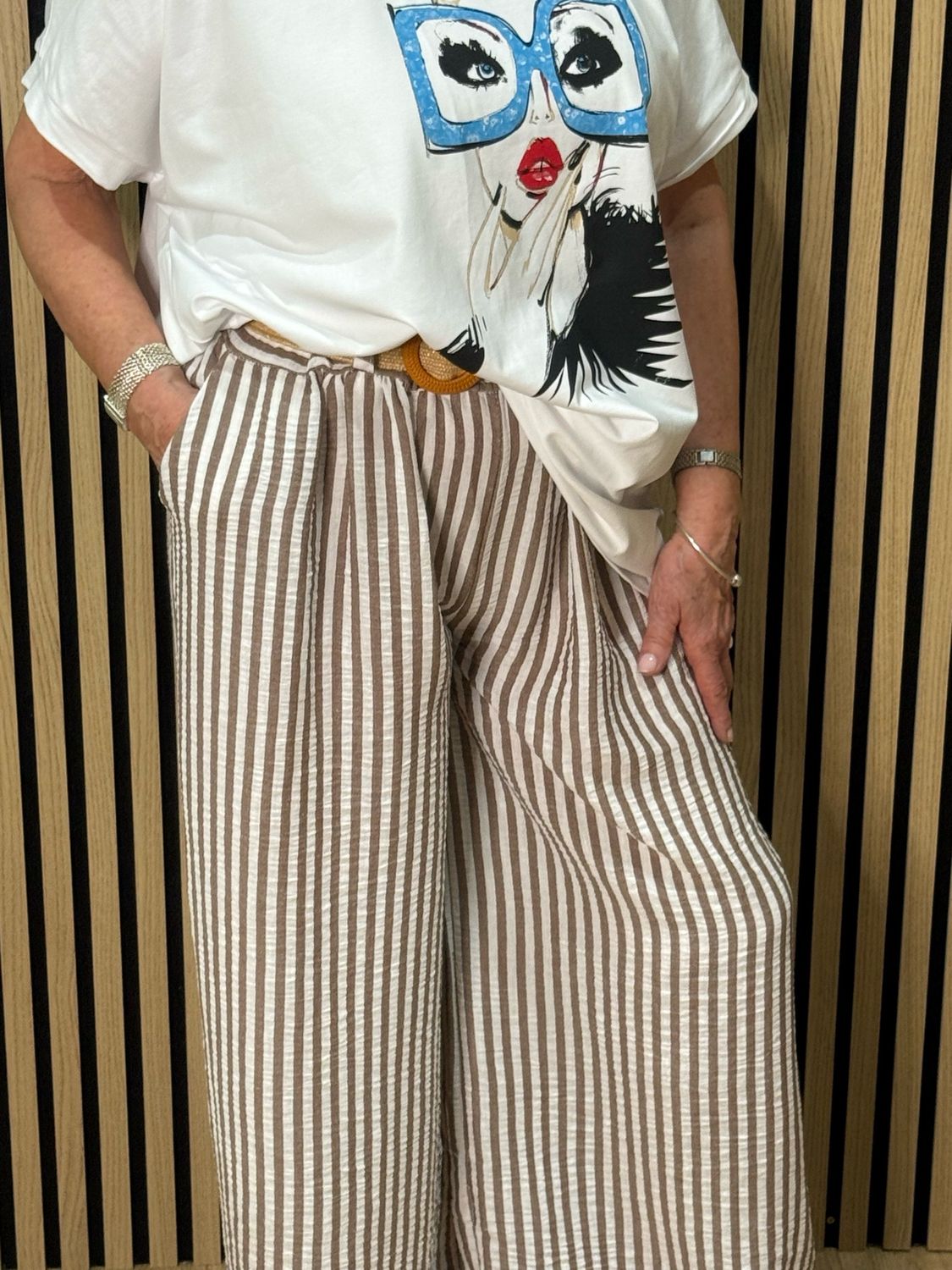 Striped Wide Leg Trousers - Taupe/White