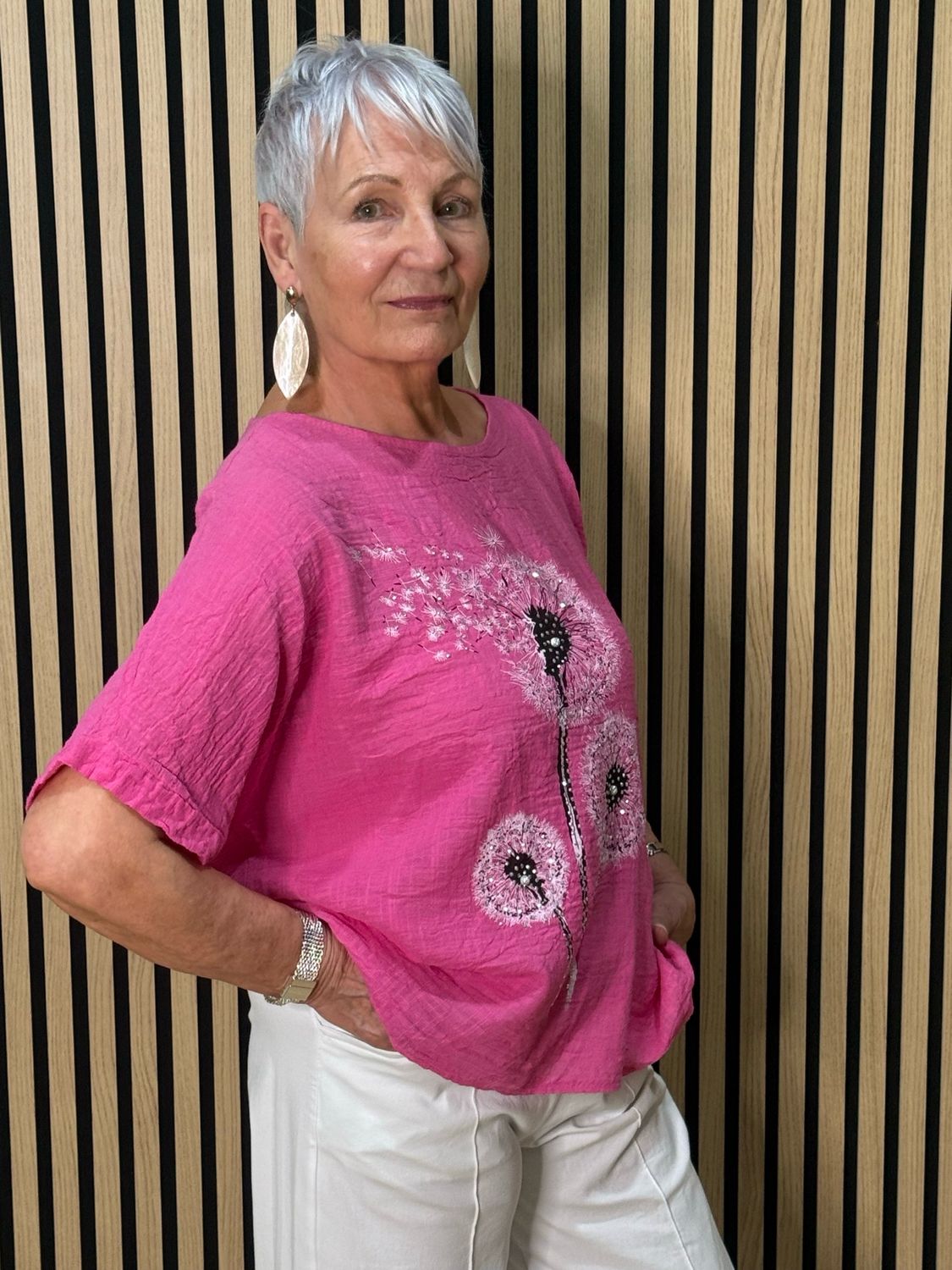 Dandelion Print Cotton Top - Fuchsia