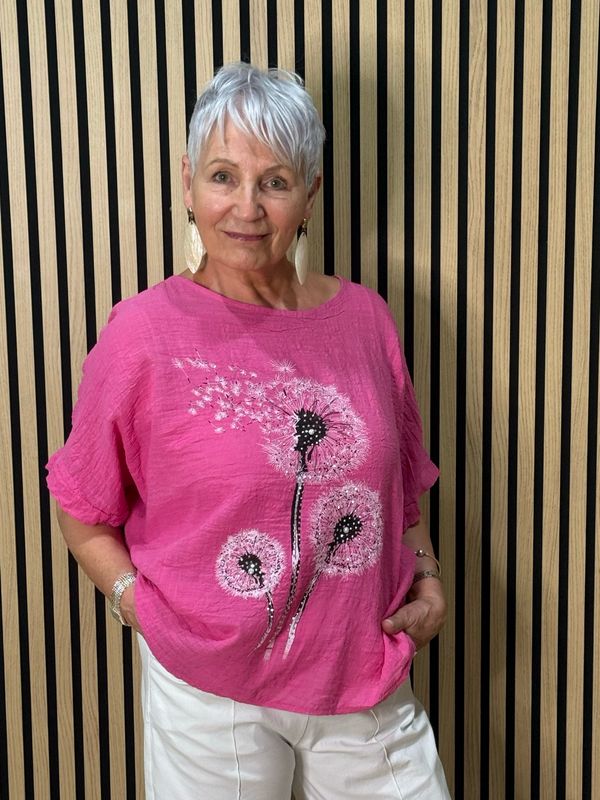 Dandelion Print Cotton Top - Fuchsia