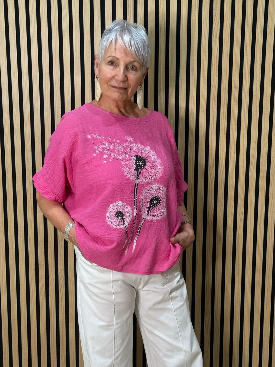 Dandelion Print Cotton Top - Fuchsia