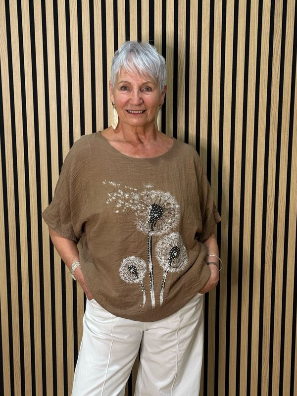 Dandelion Print Cotton Top - Mocha