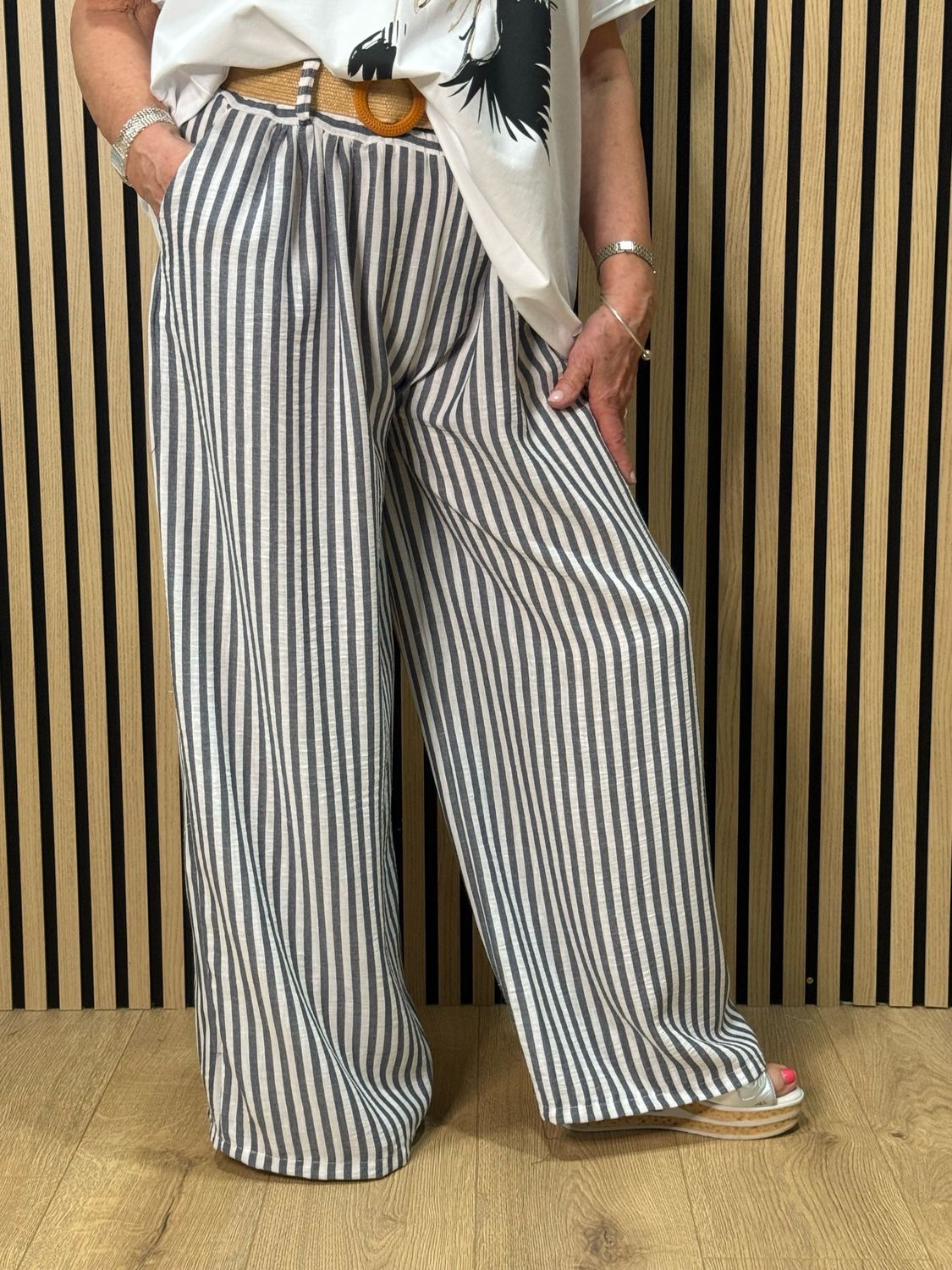 Striped Wide Leg Trousers - Grey/White
