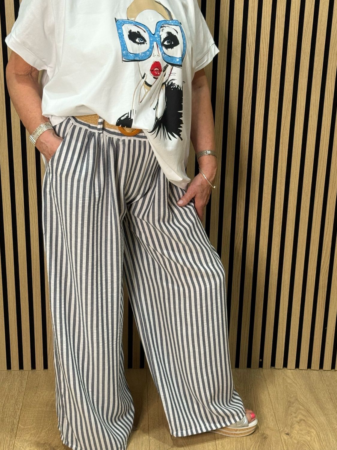 Striped Wide Leg Trousers - Grey/White